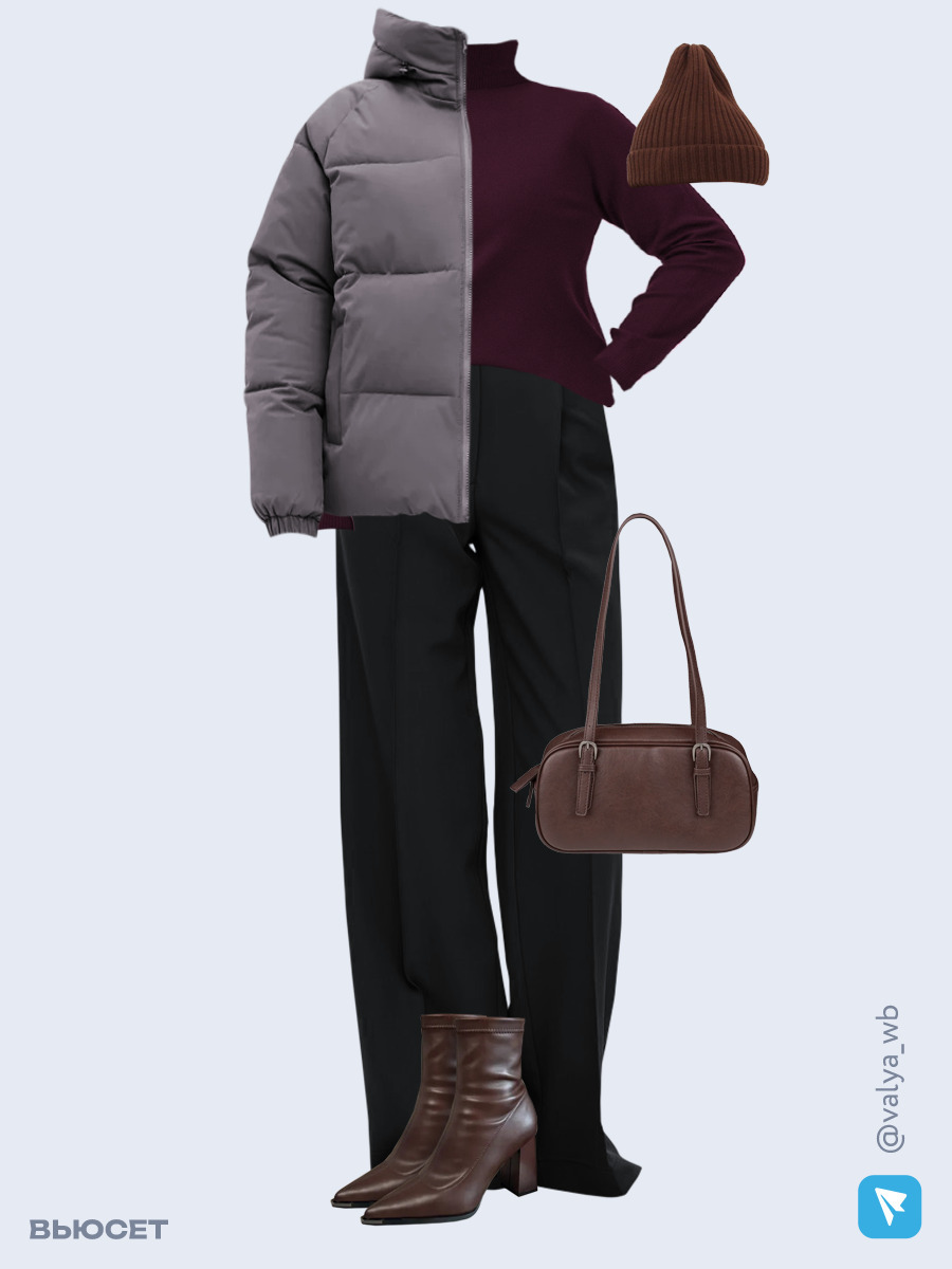 Образ с Вайлдберриз с артикулами (куртка ❄️, водолазка, брюки, сумка, ботильоны, шапка)