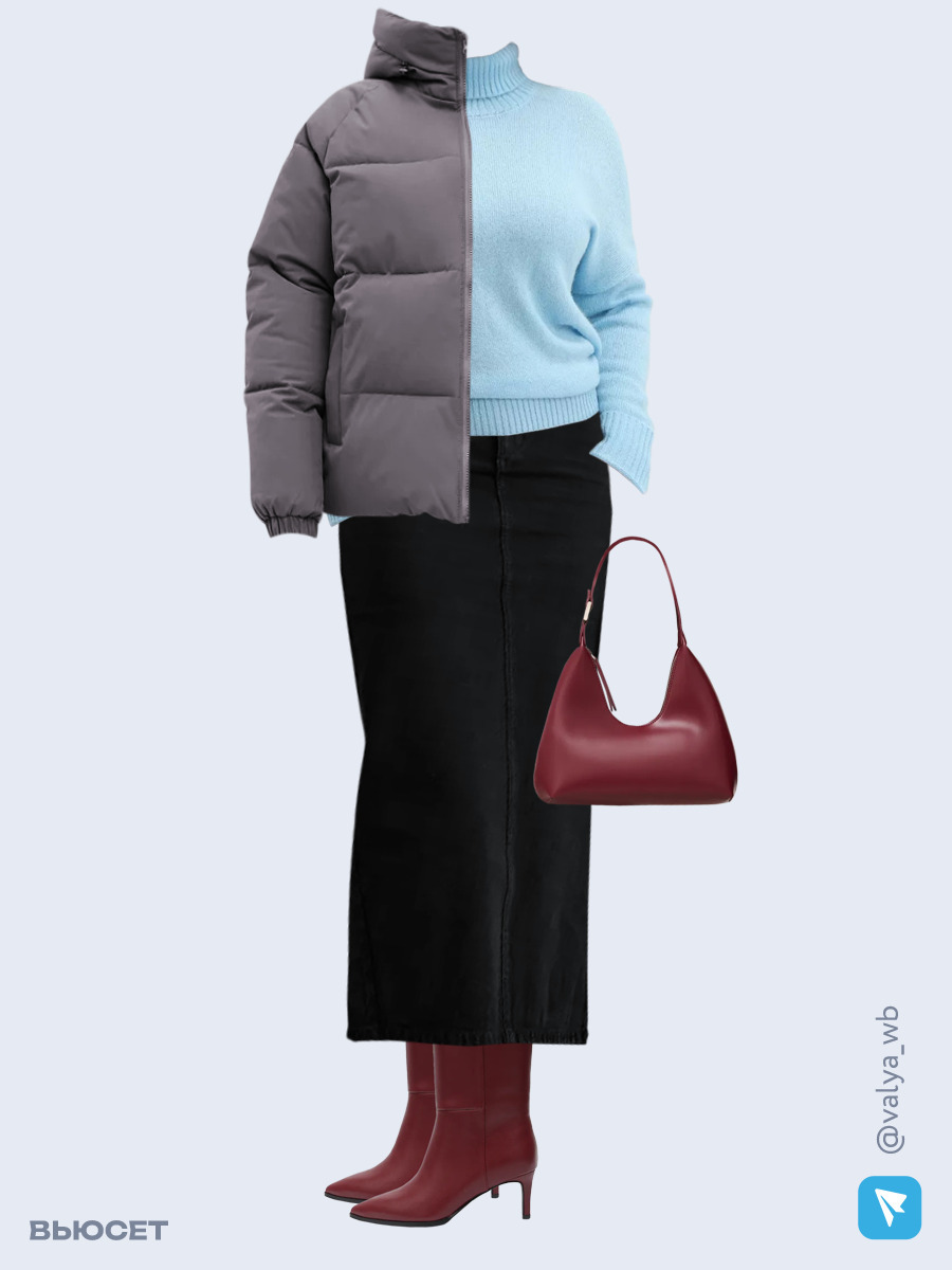 Образ с Вайлдберриз с артикулами (куртка ❄️, свитер, юбка, сумка, сапоги)
