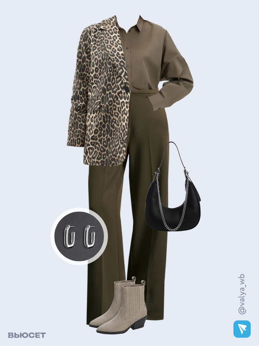 Образ с Вайлдберриз с артикулами (жакет, рубашка, брюки, сумка, ботильоны, серьги)