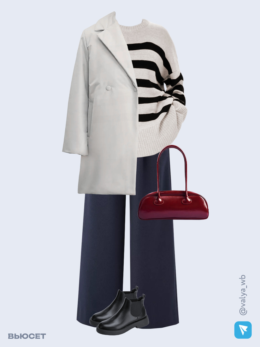 Образ с Вайлдберриз с артикулами (куртка, свитер, брюки, сумка, ботинки)