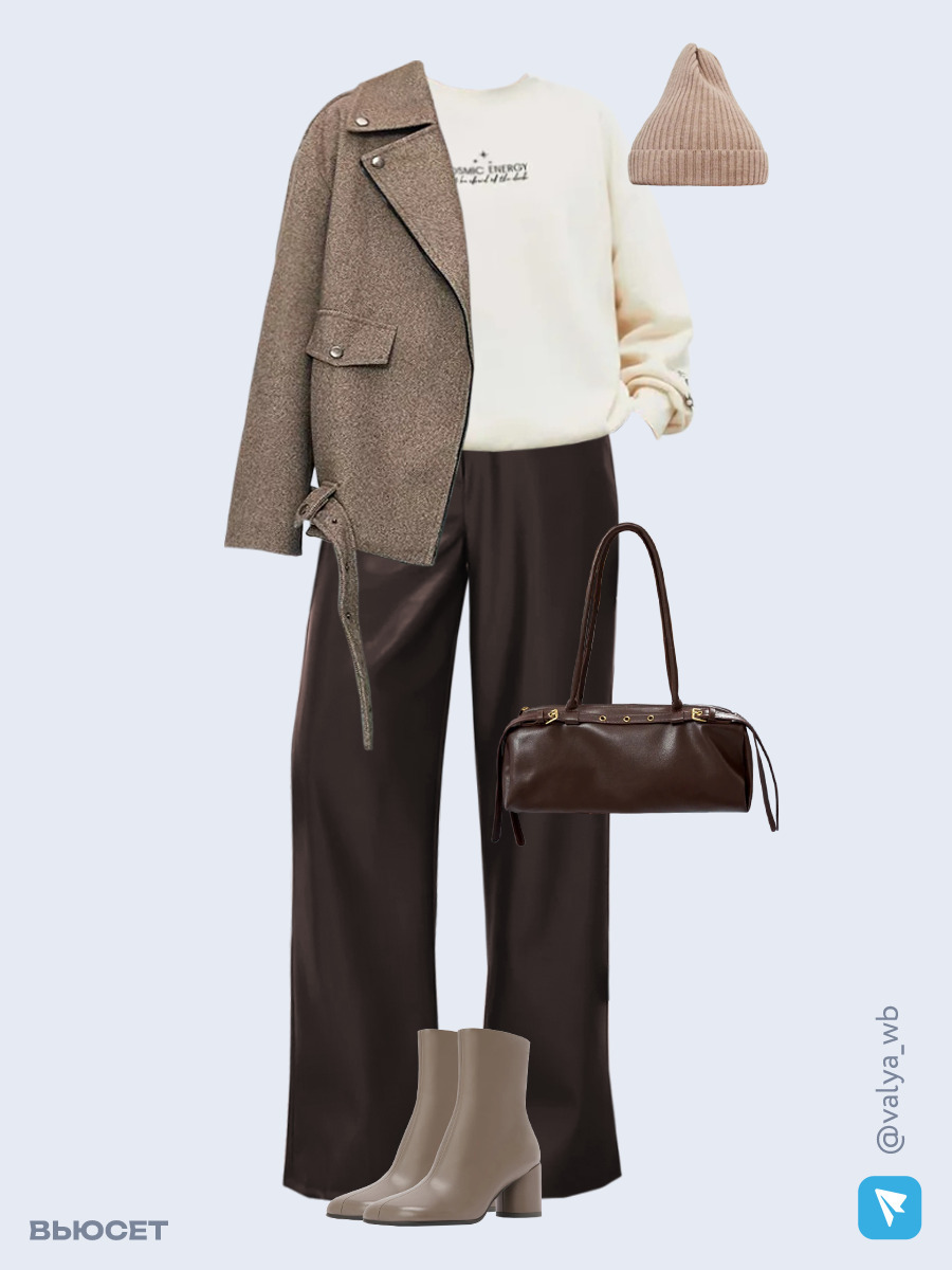 Образ с Вайлдберриз с артикулами (полупальто, свитшот, брюки, сумка, ботильоны, шапка)