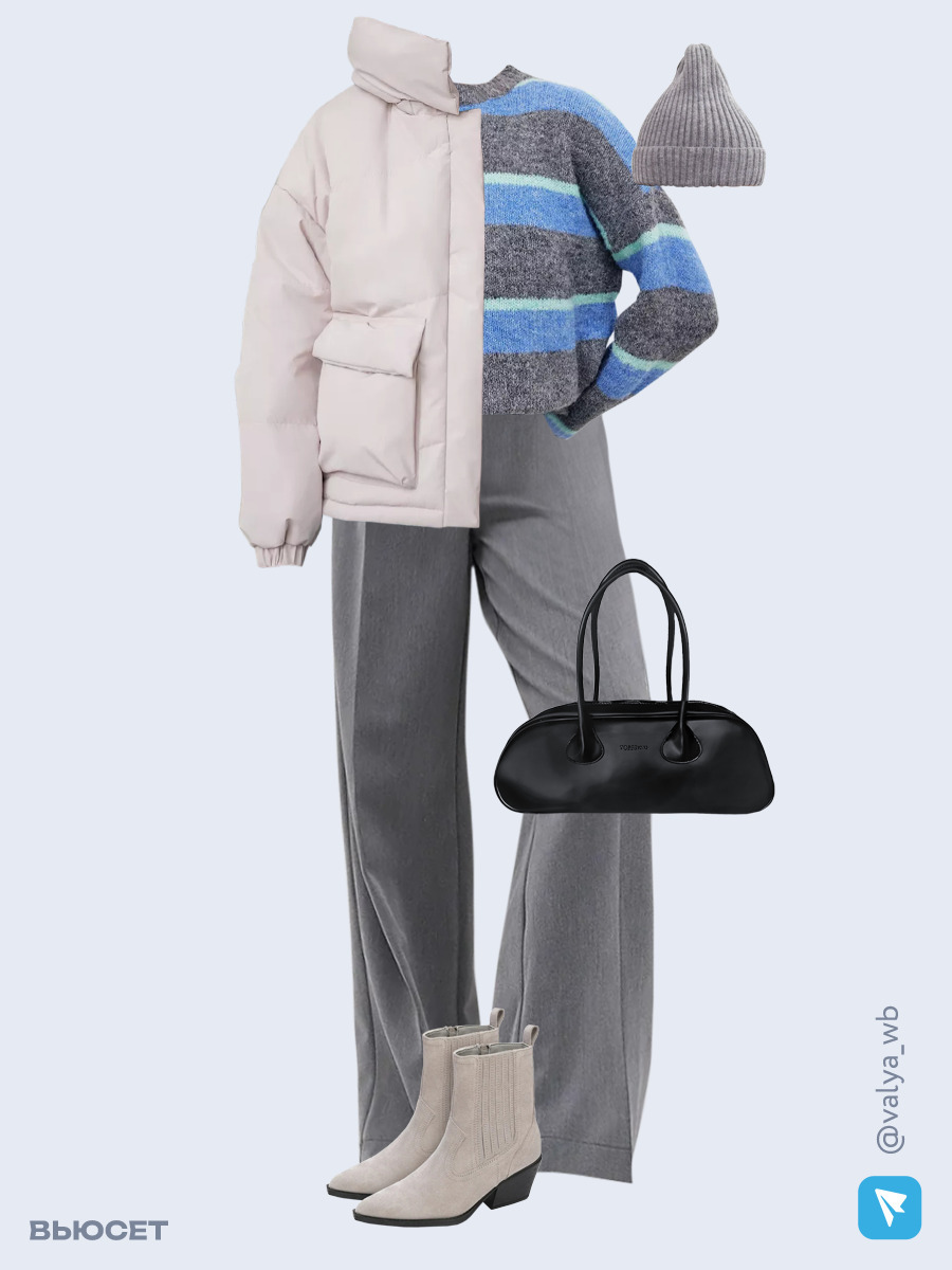 Образ с Вайлдберриз с артикулами (куртка, джемпер, брюки, сумка, ботильоны, шапка)
