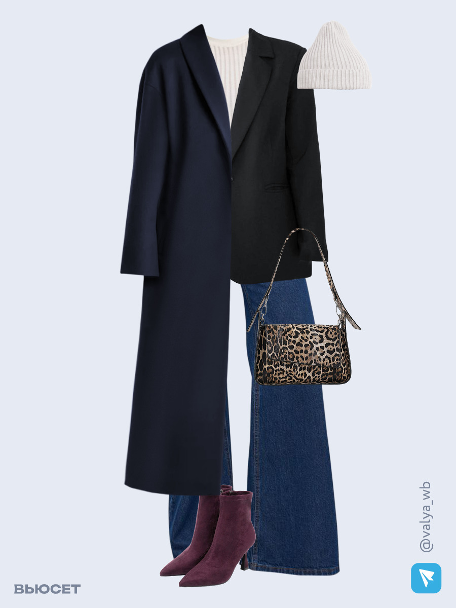 Образ с Вайлдберриз с артикулами (пальто, жакет, джемпер, джинсы, сумка, ботильоны, шапка)