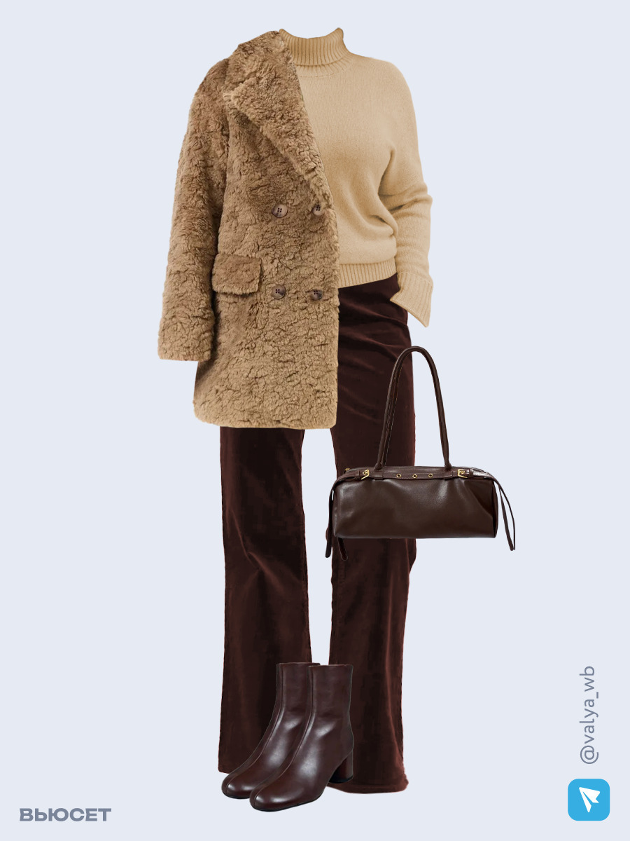 Образ с Вайлдберриз с артикулами (пальто, свитер, брюки, сумка, ботильоны)