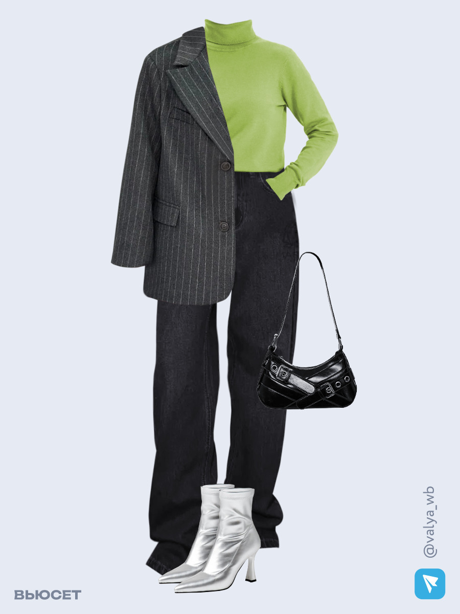 Образ с Вайлдберриз с артикулами (полупальто, водолазка, джинсы, сумка, ботильоны)