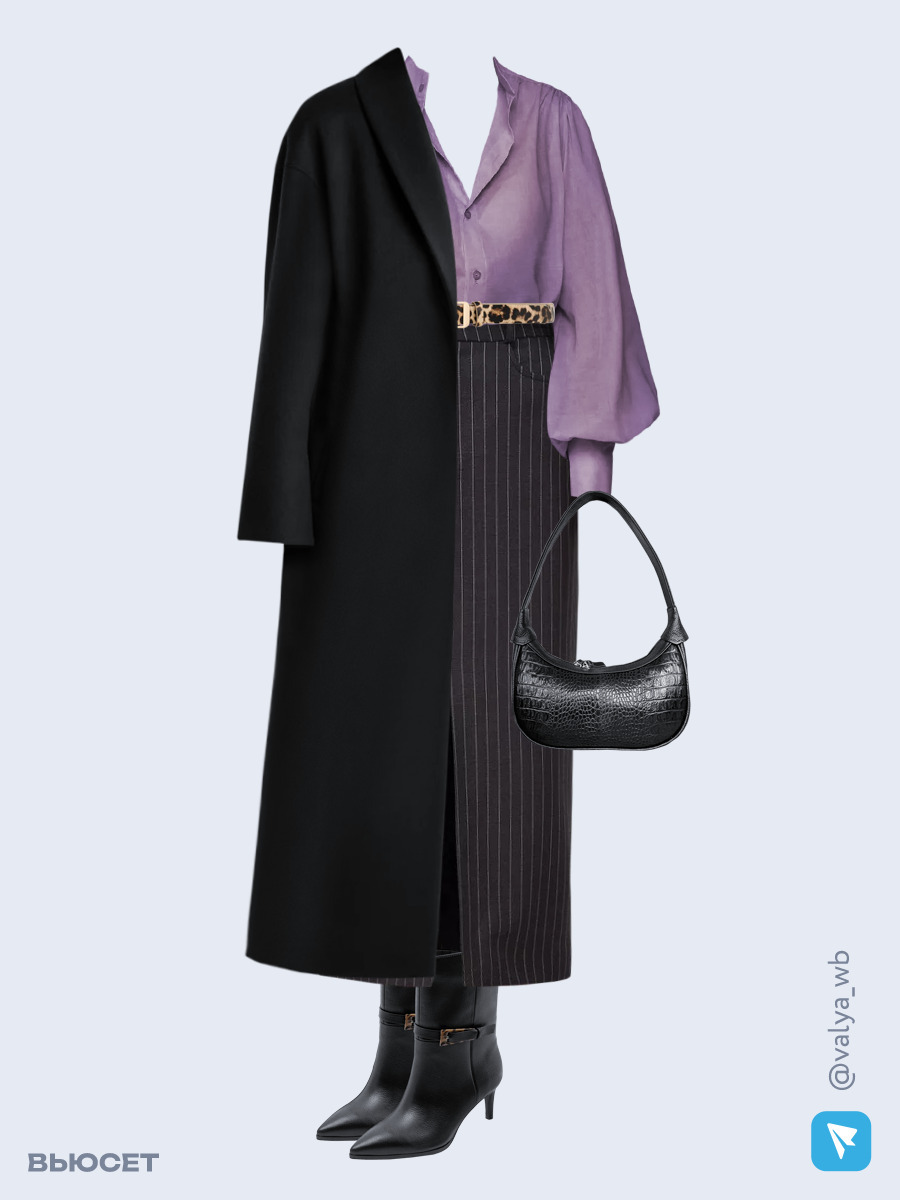 Образ с Вайлдберриз с артикулами (пальто, блуза, юбка, сумка, ботильоны, ремень)