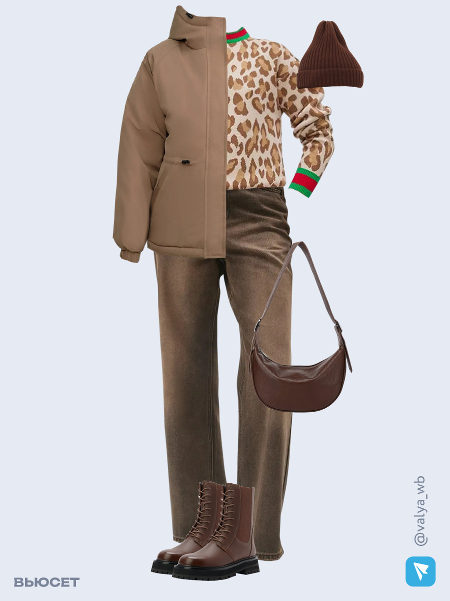 Образ с Вайлдберриз с артикулами (куртка, свитер, джинсы, сумка, ботинки, шапка)