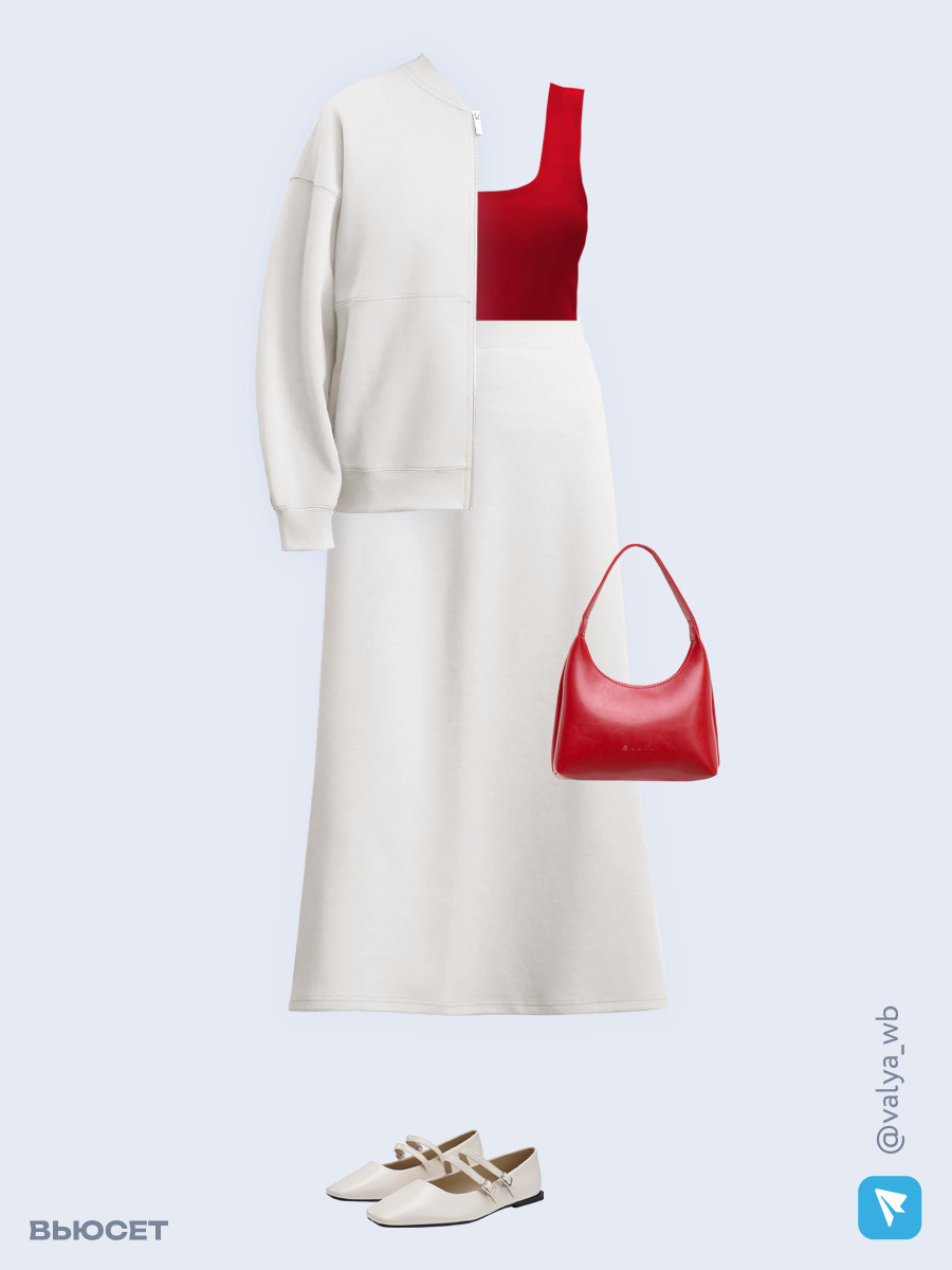 Образ с Вайлдберриз с артикулами (толстовка, топ, юбка, сумка, туфли)