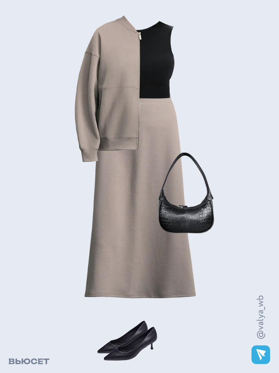 Образ с Вайлдберриз с артикулами (толстовка, майка, юбка, сумка, туфли)