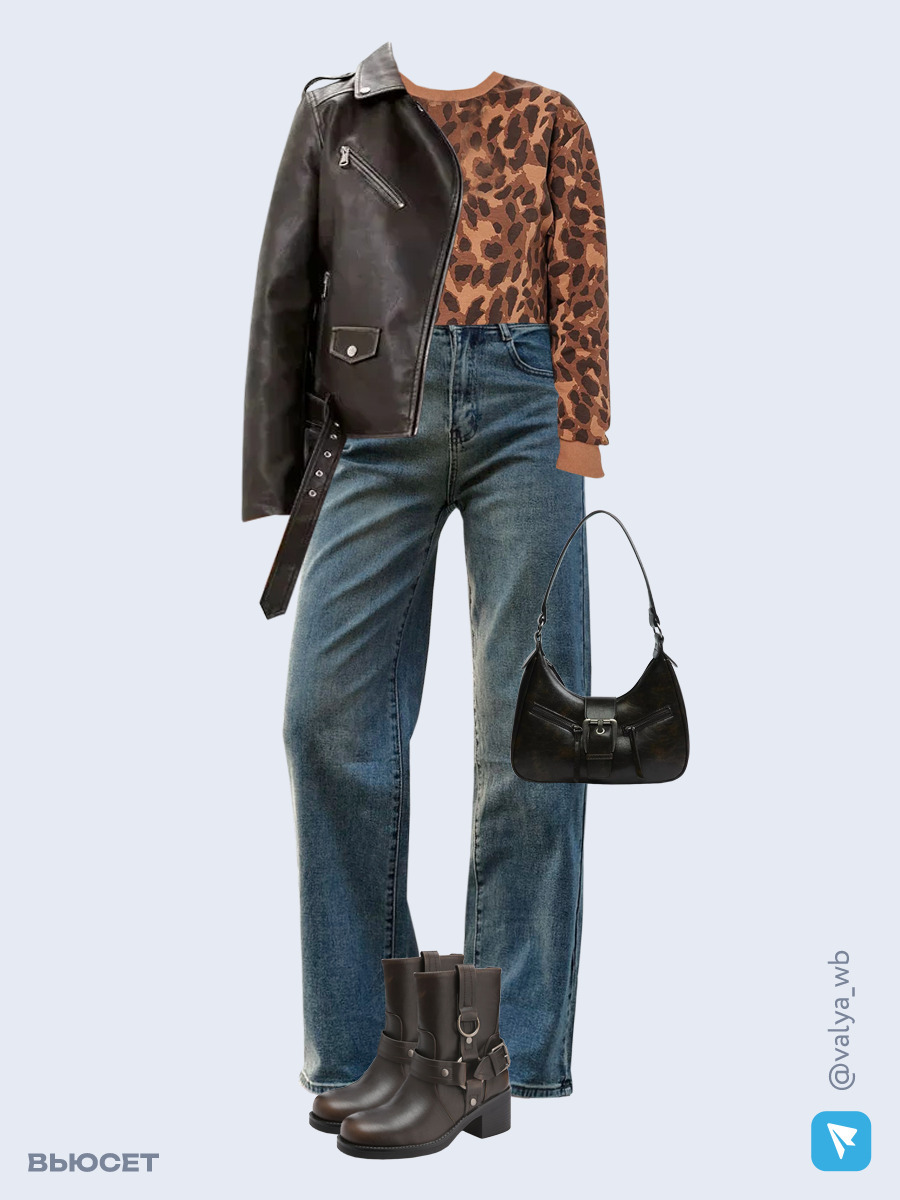 Образ с Вайлдберриз с артикулами (куртка, лонгслив, джинсы, сумка, ботинки)