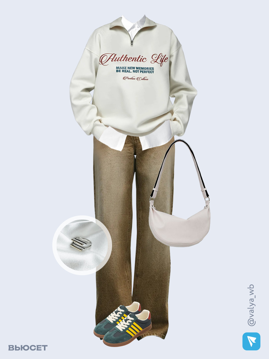 Образ с Вайлдберриз с артикулами (свитшот, рубашка, джинсы, сумка, кроссовки, кольцо)