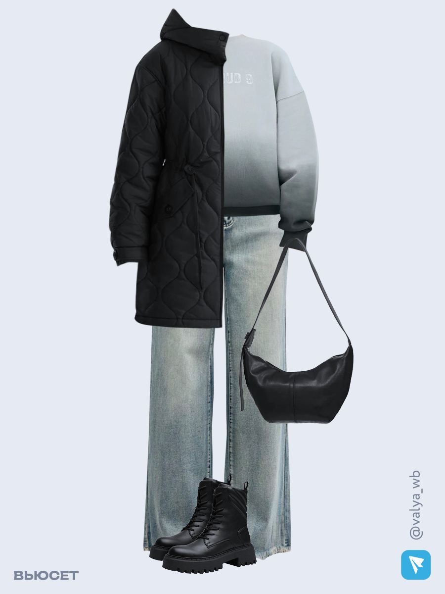 Образ с Вайлдберриз с артикулами (куртка, свитшот, джинсы, сумка, ботинки)