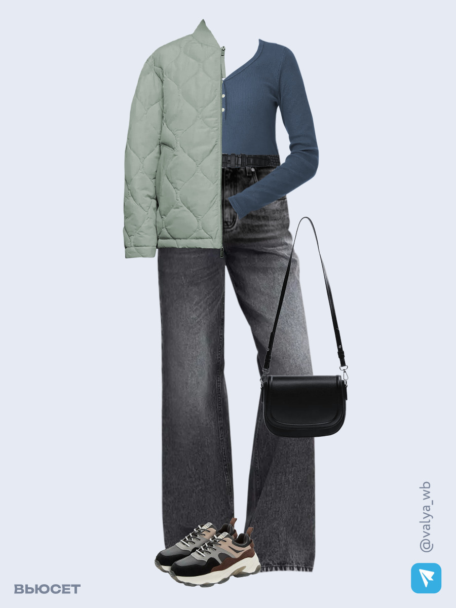 Образ с Вайлдберриз с артикулами (куртка, лонгслив, джинсы, сумка, кроссовки, ремень)