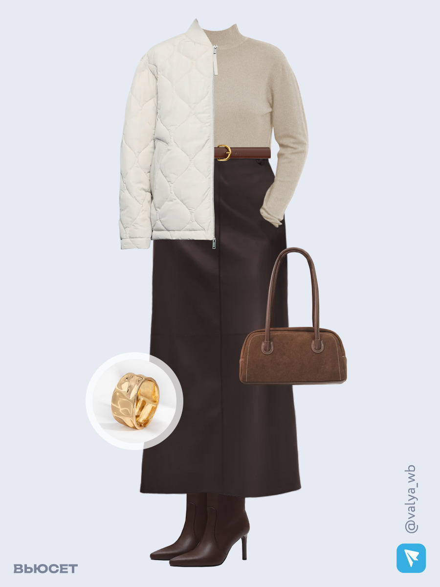 Образ с Вайлдберриз с артикулами (куртка, водолазка, юбка, сумка, сапоги, браслет, ремень)