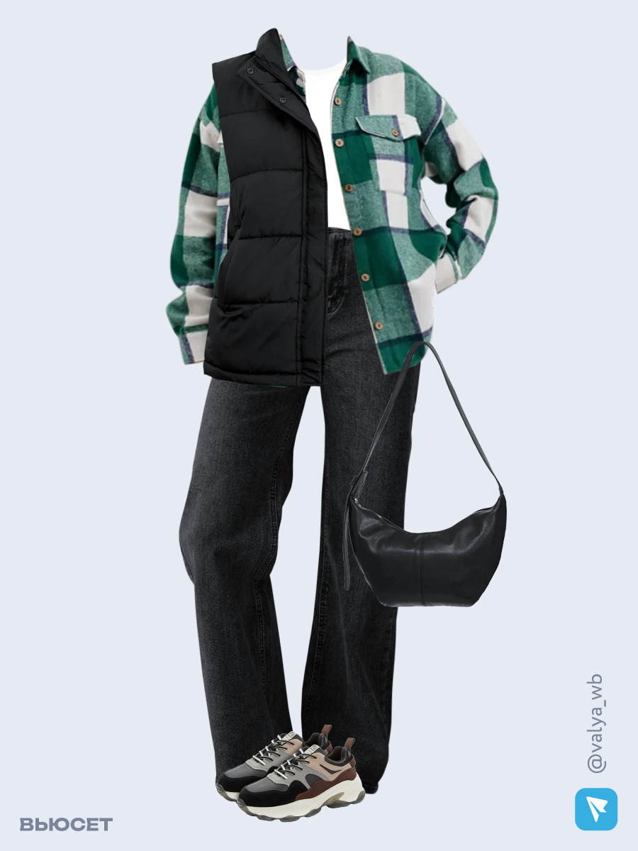 Образ с Вайлдберриз с артикулами (жилет, рубашка, футболка, джинсы, сумка, кроссовки)