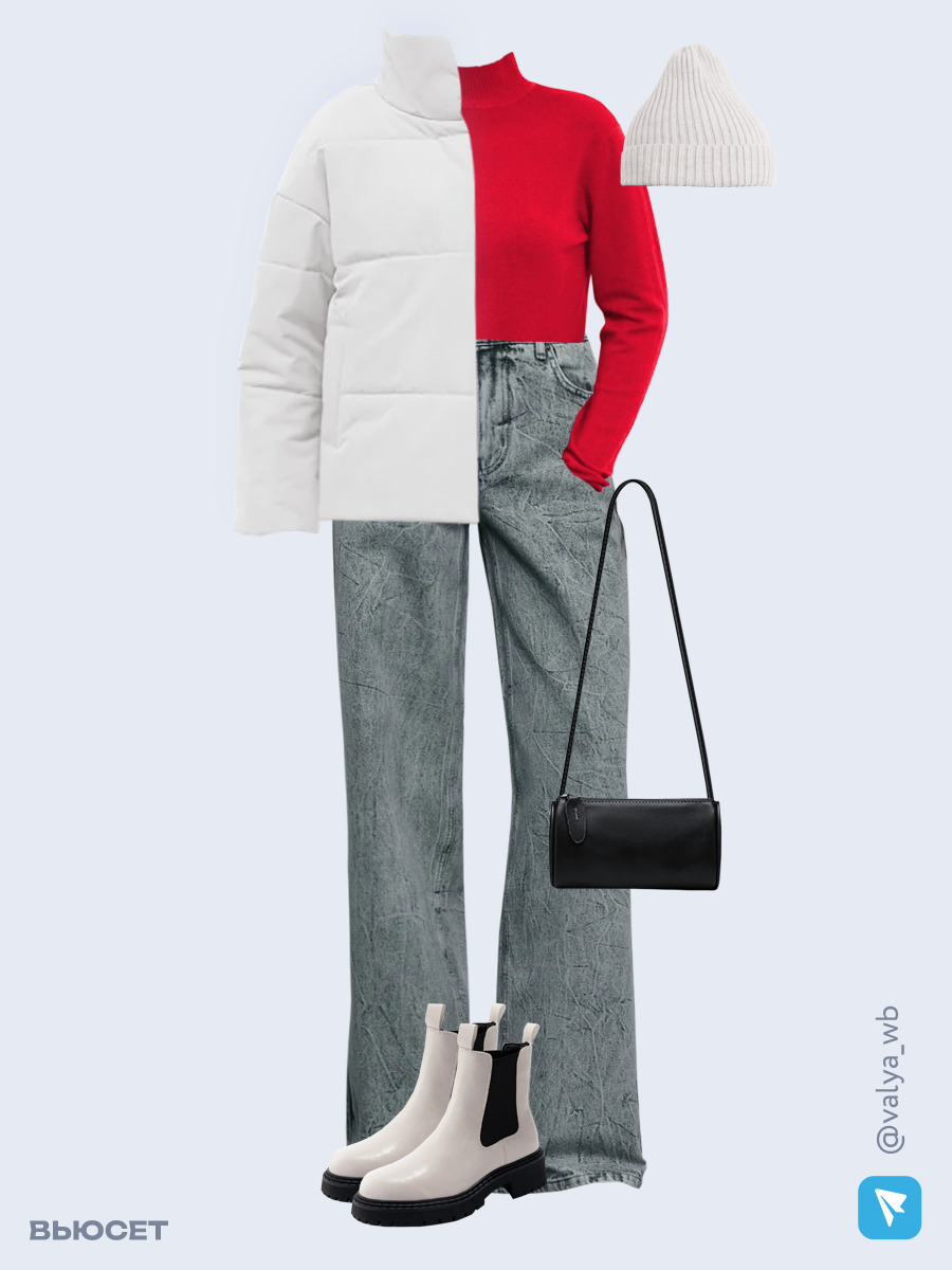 Образ с Вайлдберриз с артикулами (куртка, водолазка, джинсы, сумка, ботинки, шапка)