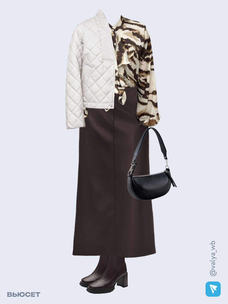 Образ с Вайлдберриз с артикулами (куртка, блуза, юбка, сумка, ботильоны)