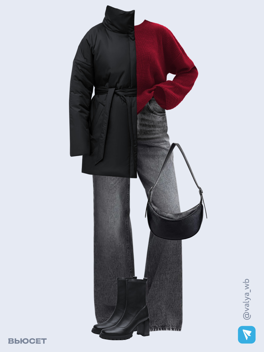 Образ с Вайлдберриз с артикулами (куртка, свитер, джинсы, сумка, ботильоны)
