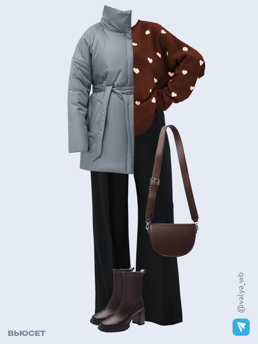 Образ с Вайлдберриз с артикулами (куртка, свитер, брюки, сумка, ботильоны)