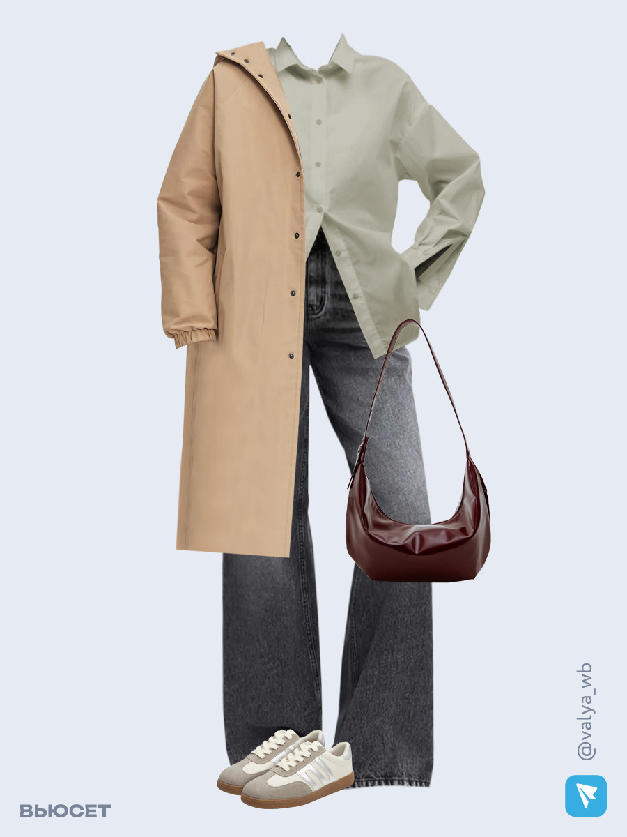 Образ с Вайлдберриз с артикулами (куртка, рубашка, джинсы, сумка, кеды)