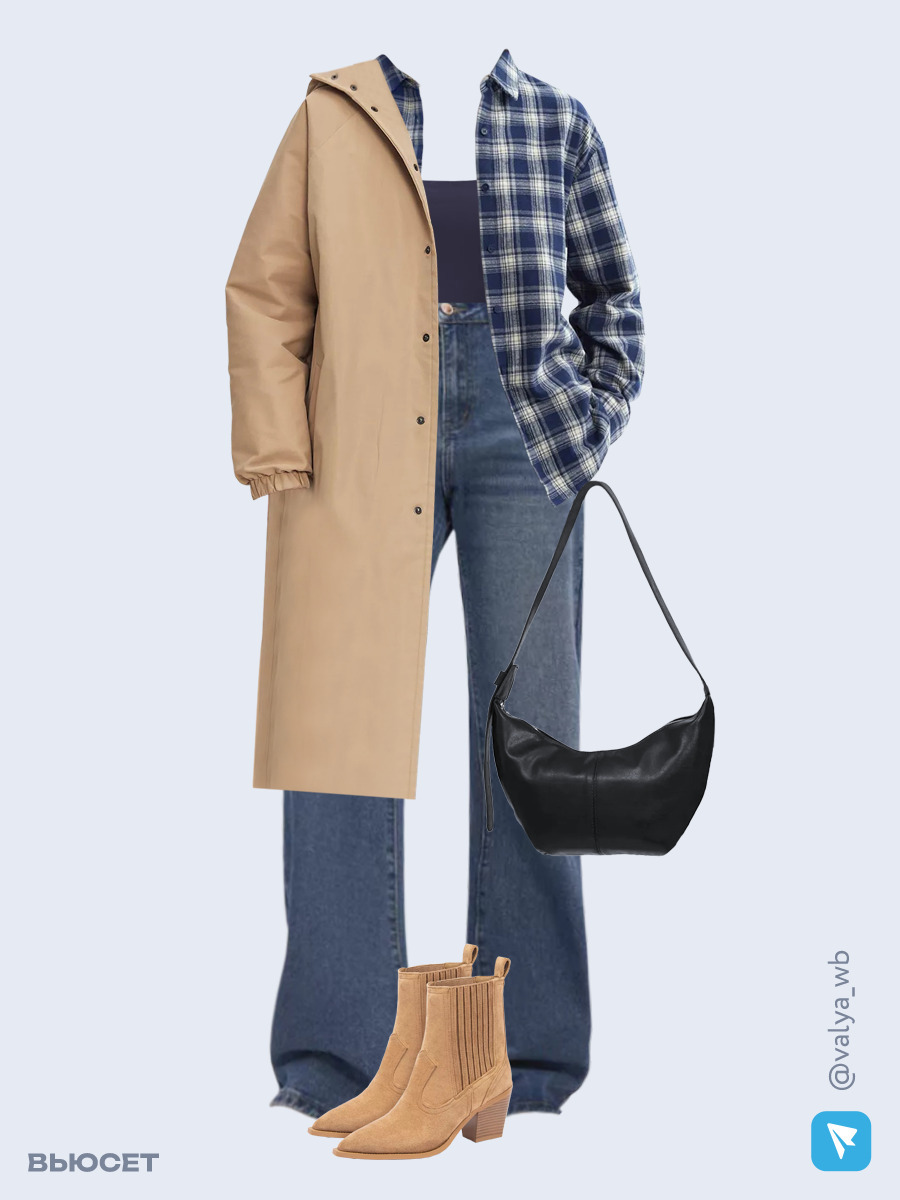 Образ с Вайлдберриз с артикулами (куртка, рубашка, топ, джинсы, сумка, ботильоны)