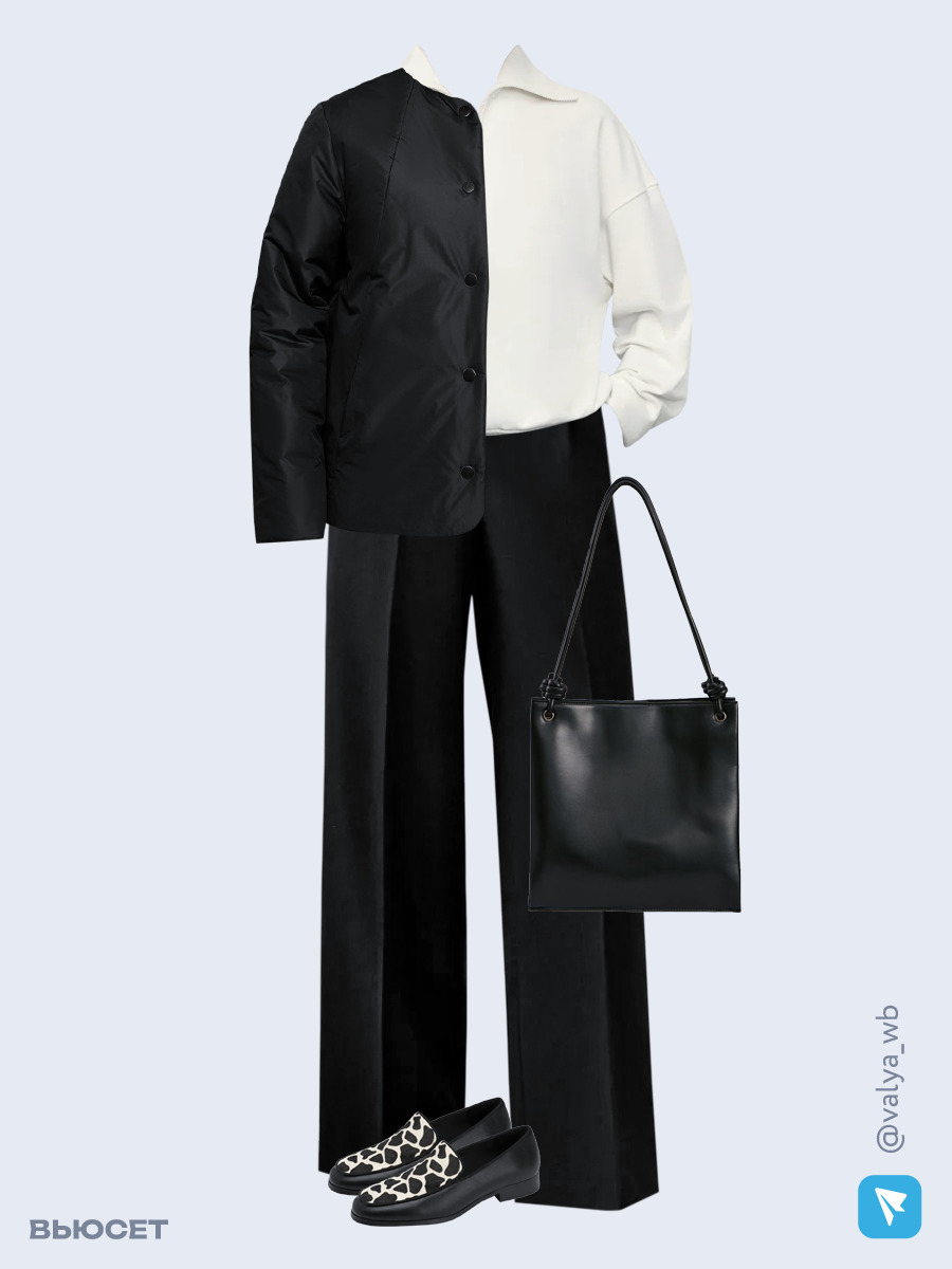 Образ с Вайлдберриз с артикулами (куртка, толстовка, брюки, сумка, лоферы)