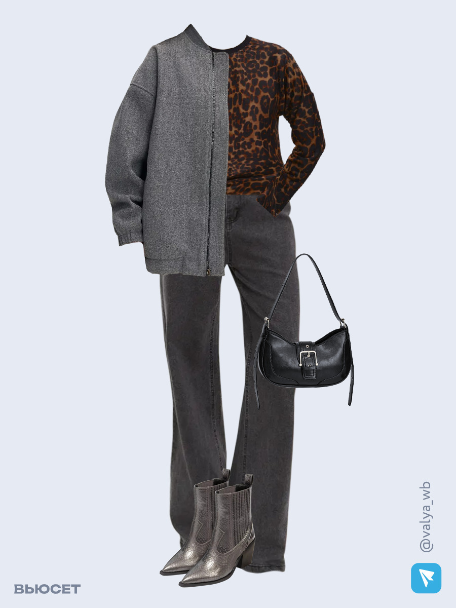 Образ с Вайлдберриз с артикулами (бомбер, лонгслив, джинсы, сумка, ботильоны)