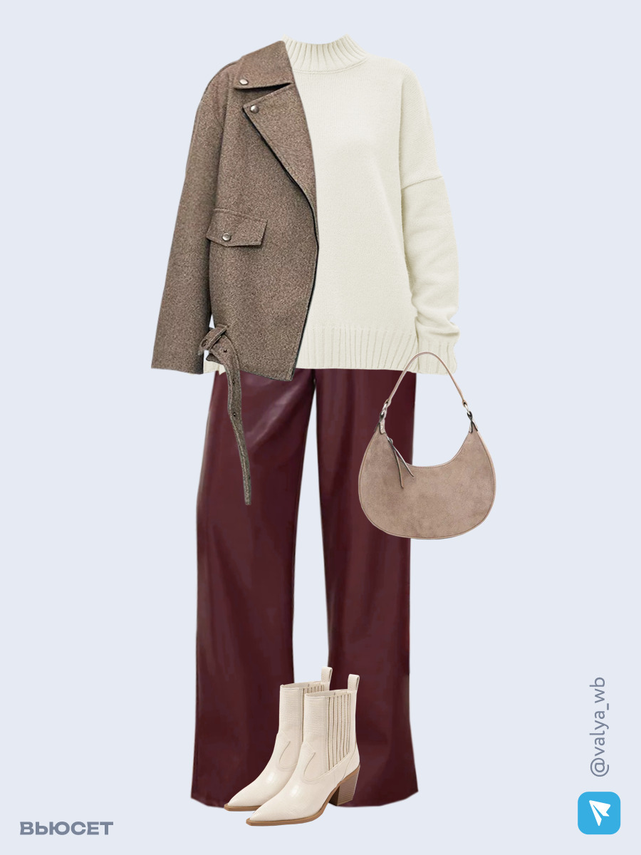 Образ с Вайлдберриз с артикулами (полупальто, свитер, брюки, сумка, ботильоны)