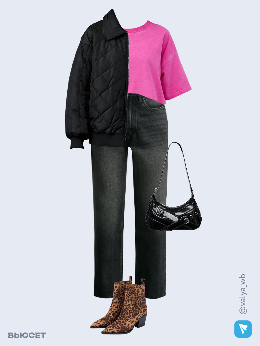 Образ с Вайлдберриз с артикулами (бомбер, футболка, джинсы, сумка, ботильоны)