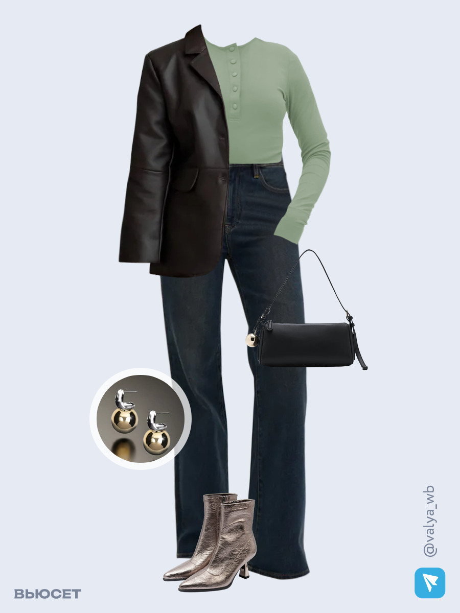 Образ с Вайлдберриз с артикулами (жакет, лонгслив, джинсы, сумка, ботильоны, серьги)