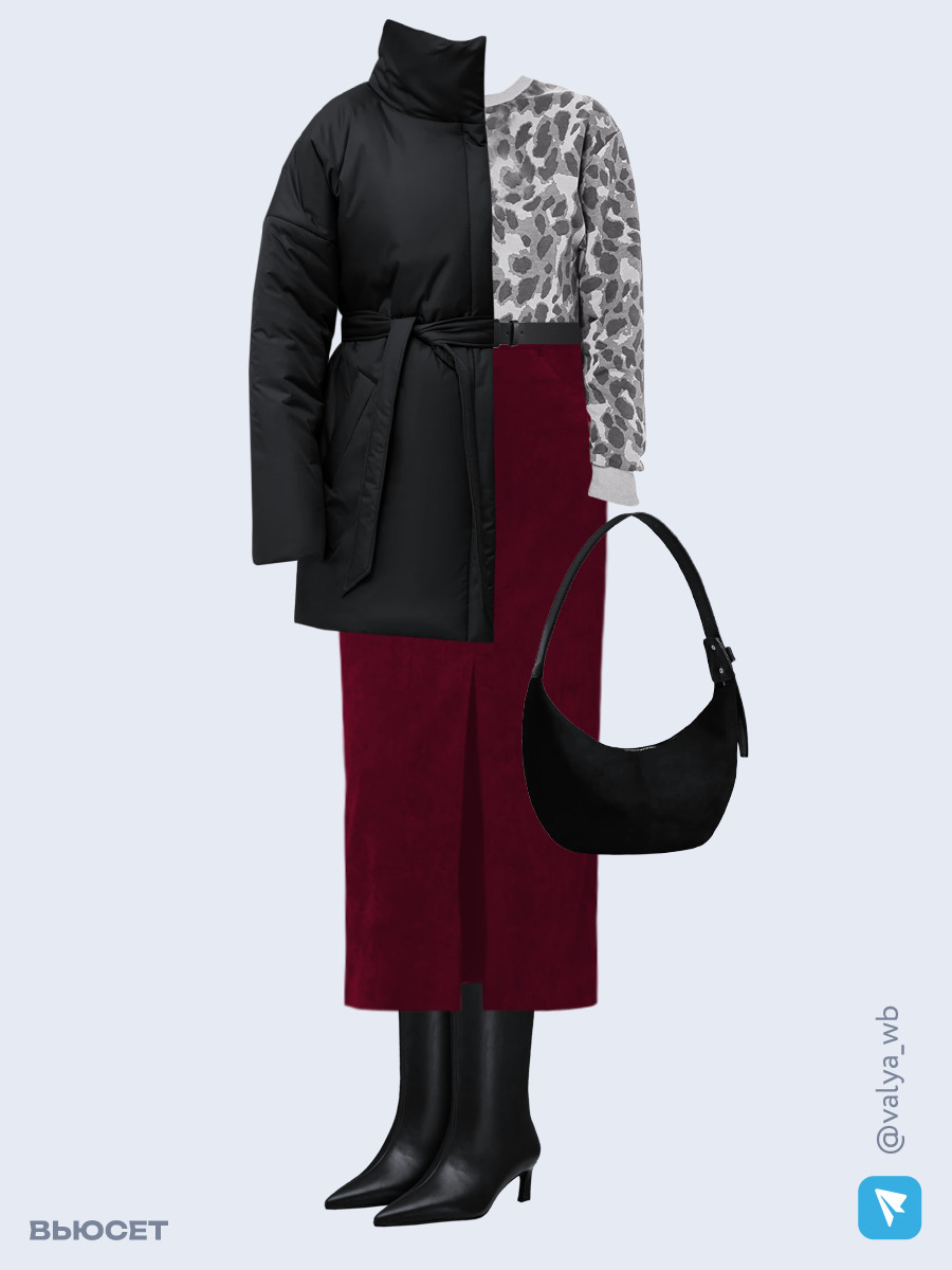 Образ с Вайлдберриз с артикулами (куртка, лонгслив, юбка, сумка, сапоги, ремень)