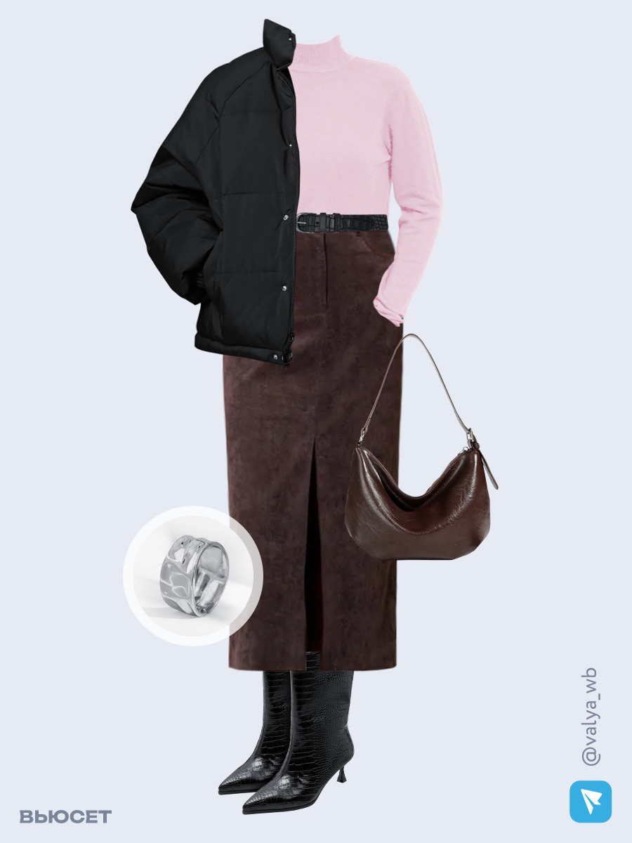 Образ с Вайлдберриз с артикулами (куртка, водолазка, юбка, сумка, ботильоны, браслет, ремень)