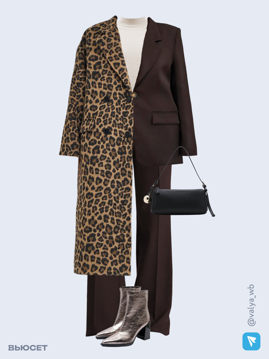 Образ с Вайлдберриз с артикулами (пальто, жакет, водолазка, брюки, сумка, ботильоны)