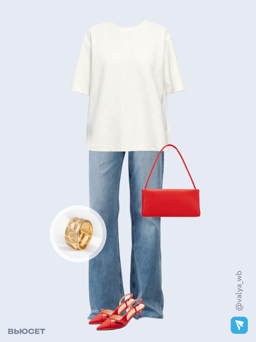 Образ с Вайлдберриз с артикулами (джемпер, джинсы, сумка, туфли, браслет)