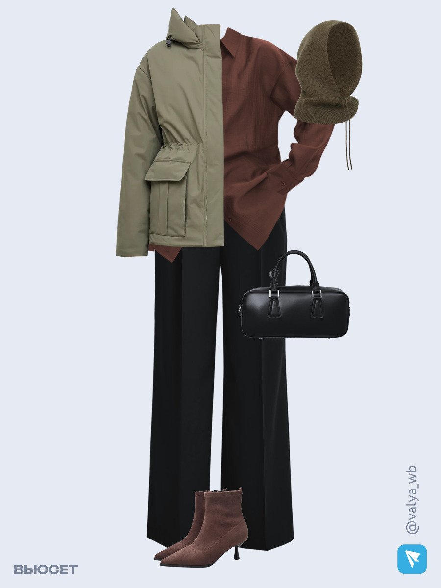 Образ с Вайлдберриз с артикулами (куртка, рубашка, брюки, сумка, ботильоны, капор)