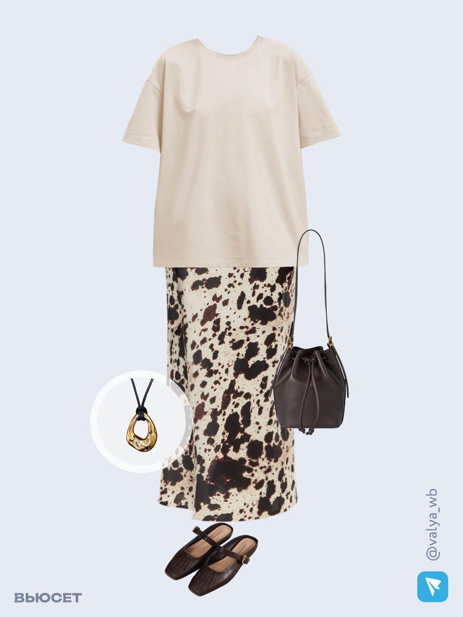 Образ с Вайлдберриз с артикулами (футболка, юбка, сумка, мюли, кулон)