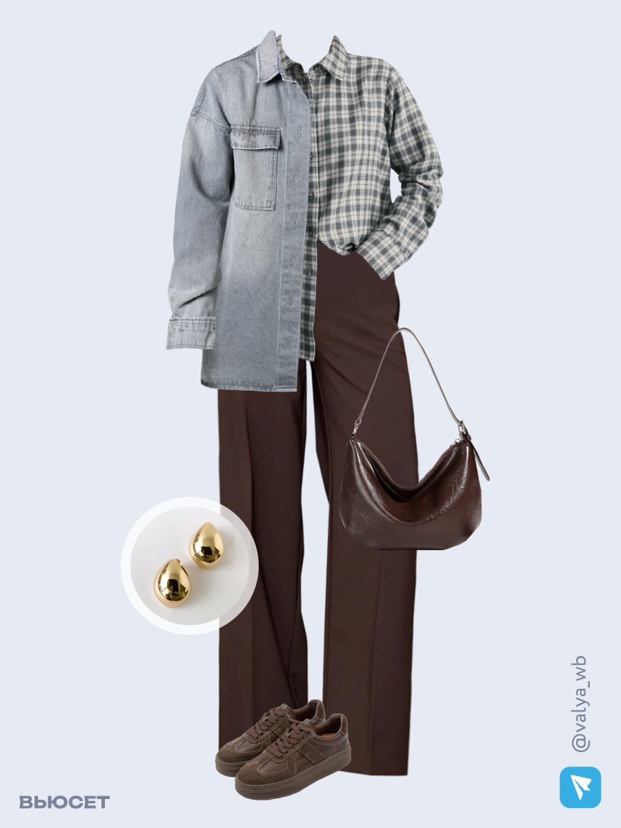 Образ с Вайлдберриз с артикулами (куртка, рубашка, брюки, сумка, кеды, серьги)