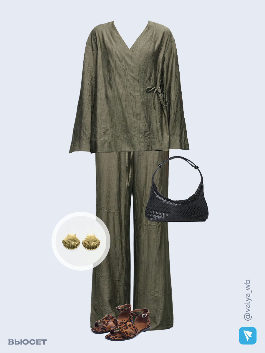 Образ с Вайлдберриз с артикулами (блуза, брюки, сумка, сандалии, серьги)