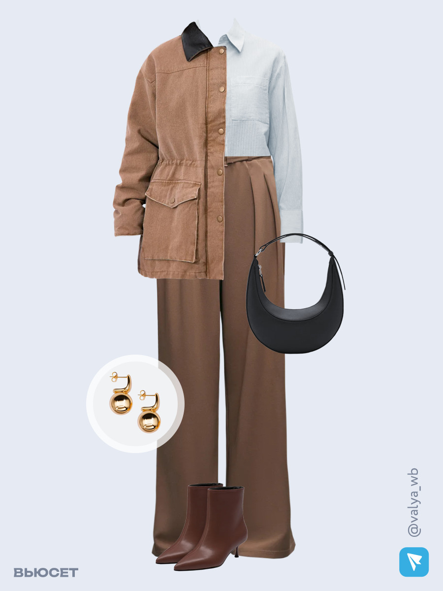 Образ с Вайлдберриз с артикулами (куртка, рубашка, брюки, сумка, ботильоны, серьги)