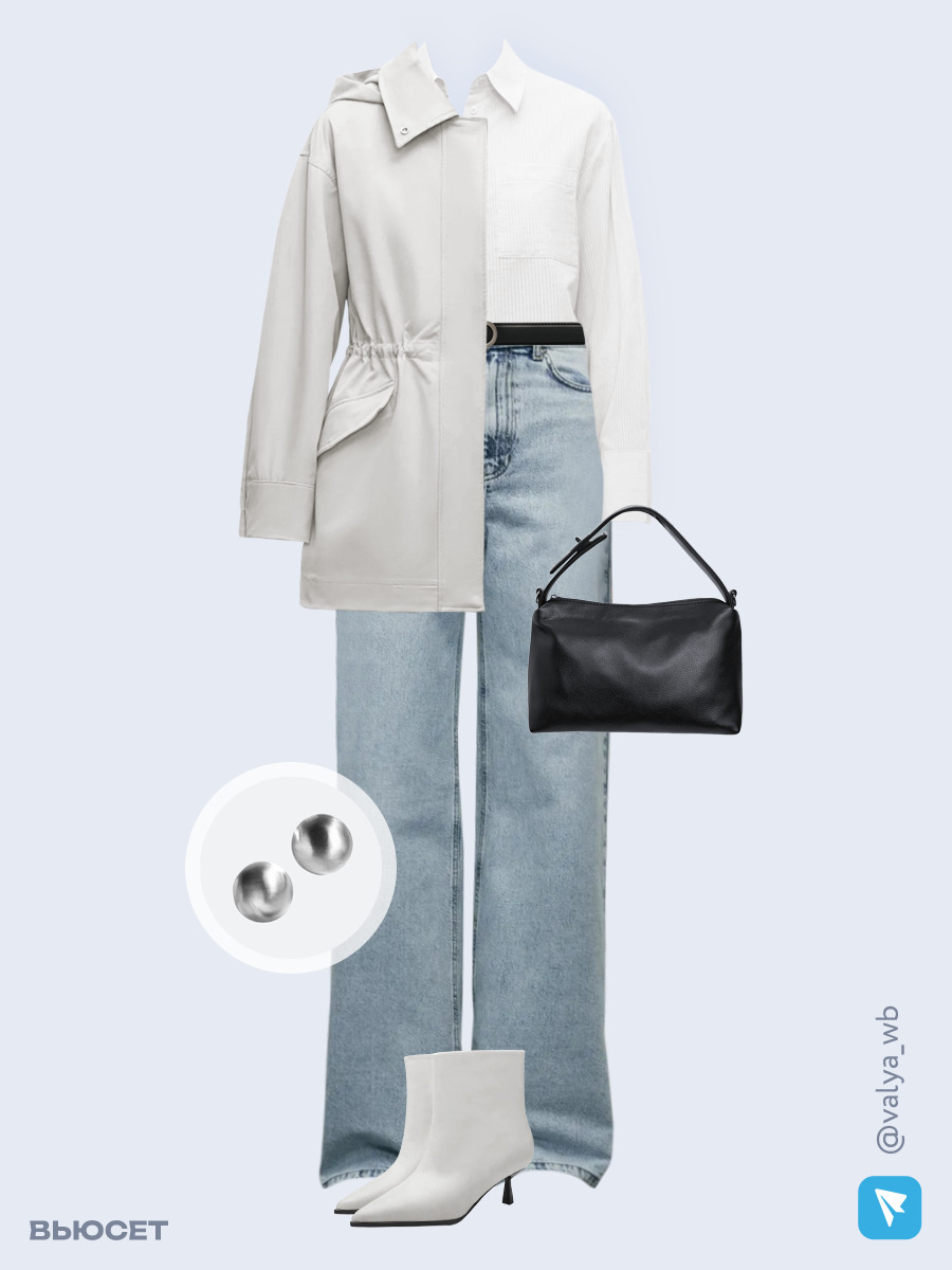 Образ с Вайлдберриз с артикулами (куртка, рубашка, джинсы, сумка, ботильоны, серьги, ремень)