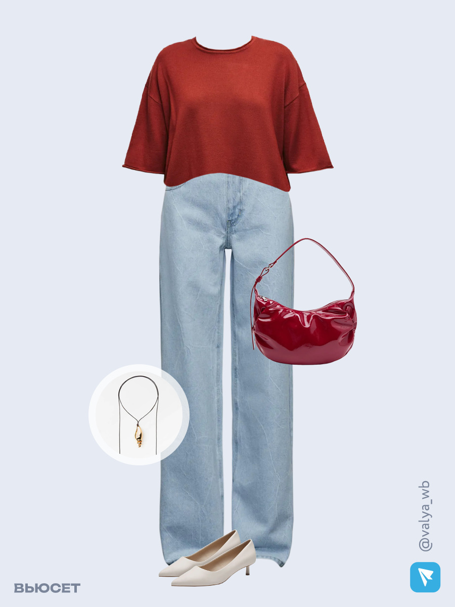 Образ с Вайлдберриз с артикулами (джемпер, джинсы, сумка, туфли, подвеска)