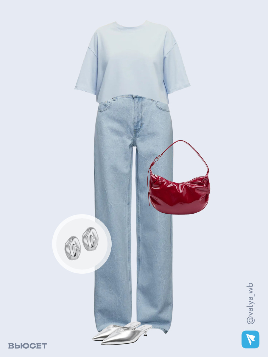 Образ с Вайлдберриз с артикулами (футболка, джинсы, сумка, мюли, серьги)