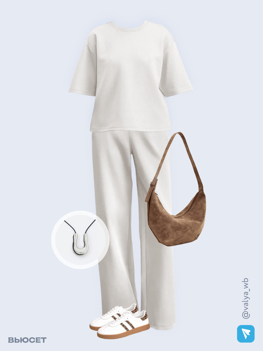 Образ с Вайлдберриз с артикулами (футболка, брюки, сумка, кеды, кулон)