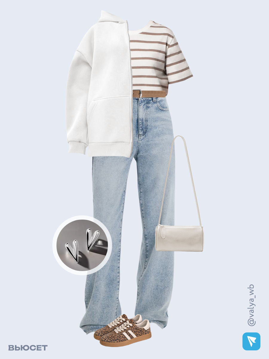 Образ с Вайлдберриз с артикулами (худи, футболка, джинсы, сумка, кеды, серьги, ремень)
