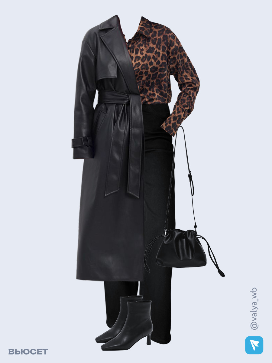 Образ с Вайлдберриз с артикулами (плащ, рубашка, джинсы, сумка, ботильоны)