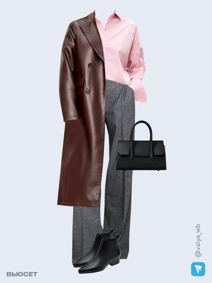 Образ с Вайлдберриз с артикулами (плащ, рубашка, брюки, сумка, ботинки)