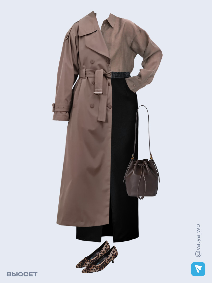 Образ с Вайлдберриз с артикулами (плащ, рубашка, юбка, сумка, туфли, ремень)