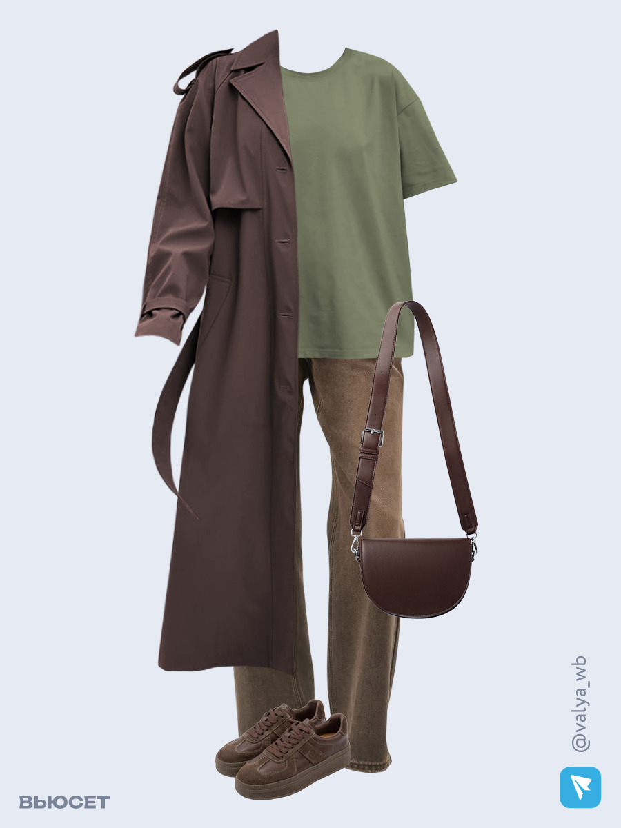 Образ с Вайлдберриз с артикулами (плащ, футболка, джинсы, сумка, кеды)