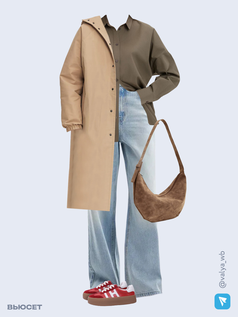 Образ с Вайлдберриз с артикулами (куртка, рубашка, джинсы, сумка, кеды)