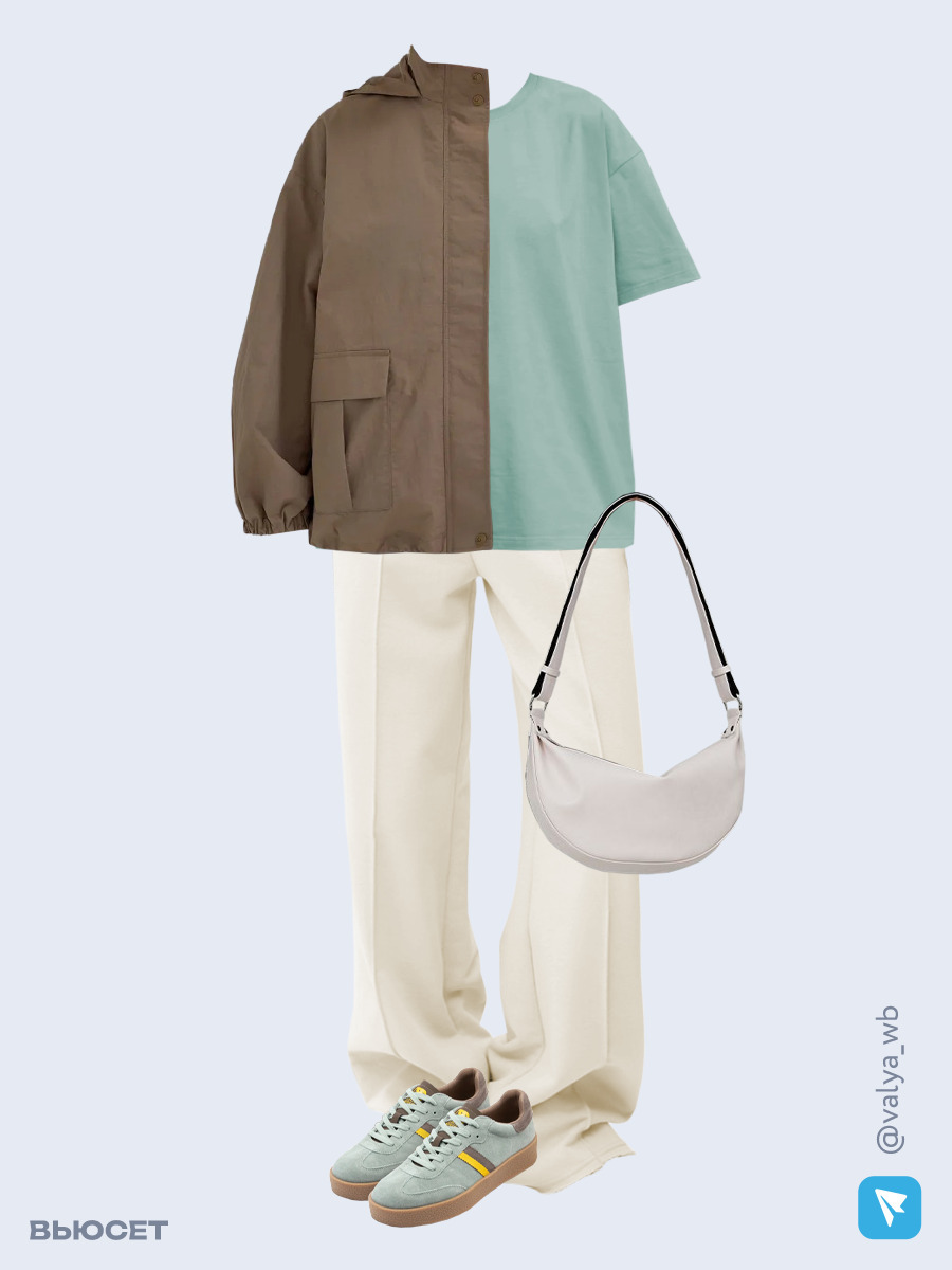 Образ с Вайлдберриз с артикулами (ветровка, футболка, брюки, сумка, кеды)